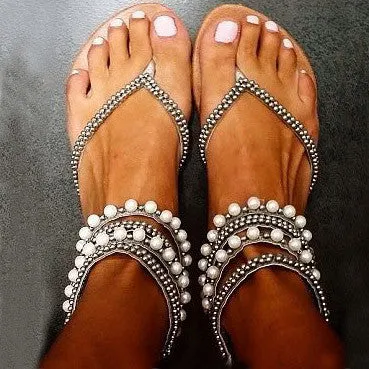 Beading Rhinestone Thong Women's Flat Flops Sandals