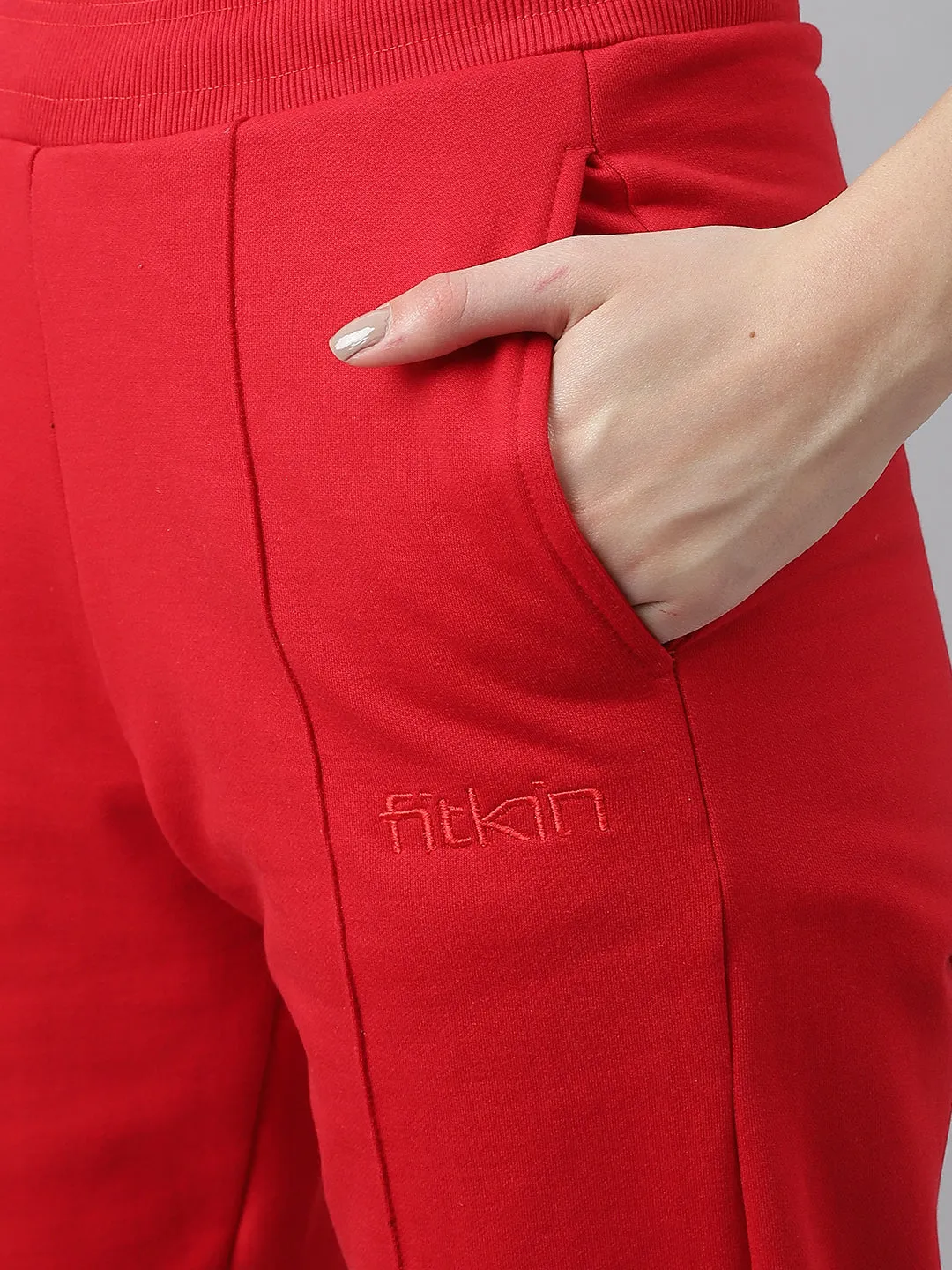 Fitkin Women Red Straight Fit Fleece Pants