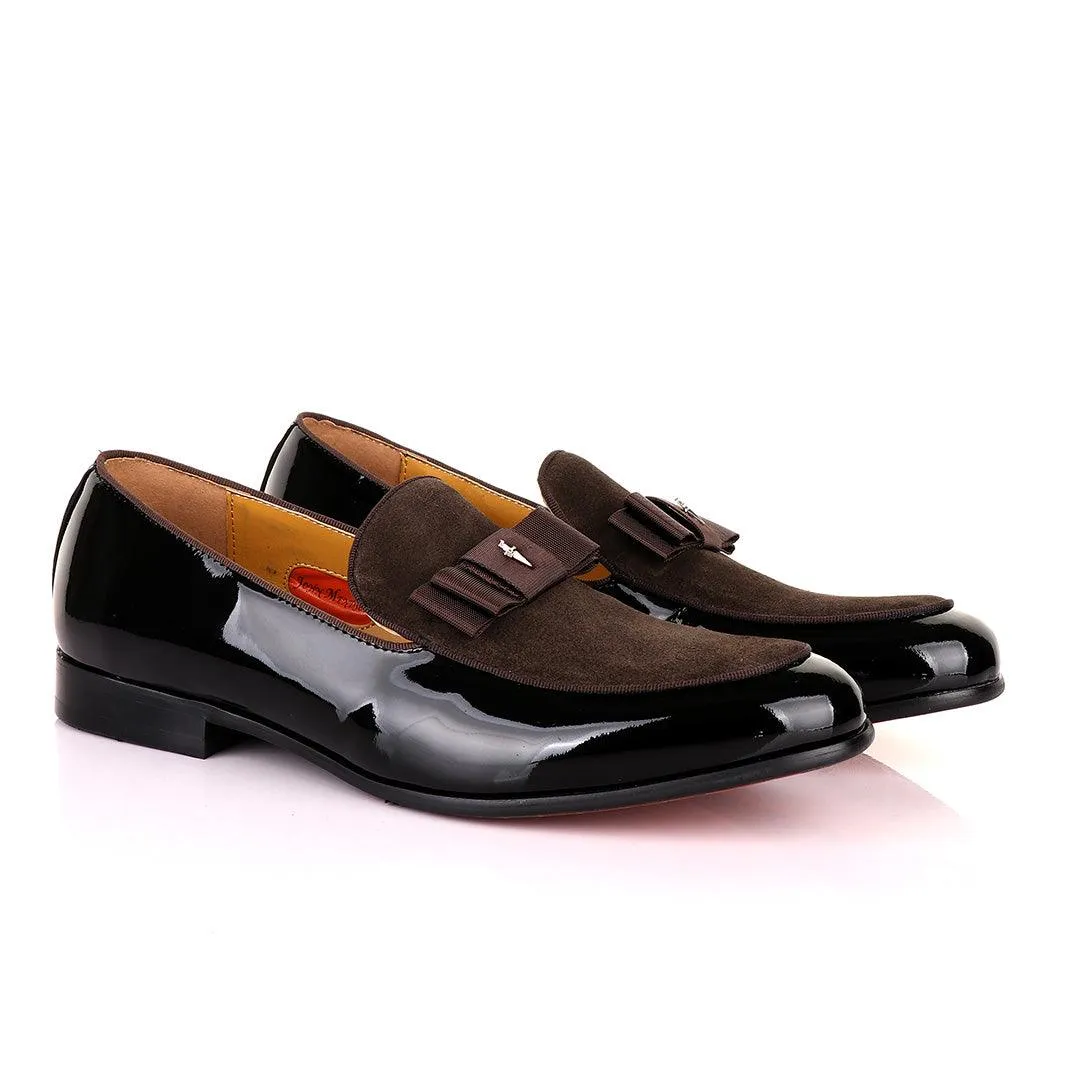 John Mendson Black Patent Bow With Coffee Suede Loafers Shoe