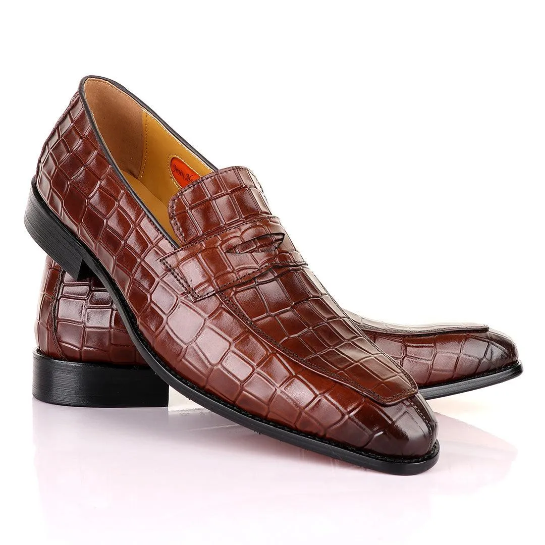 John Mendson Coffee Croc Bit Leather Loafers