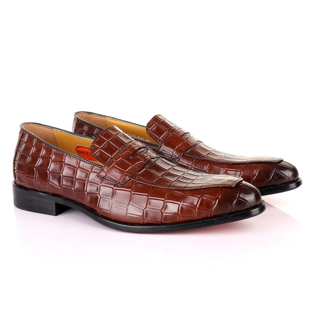 John Mendson Coffee Croc Bit Leather Loafers