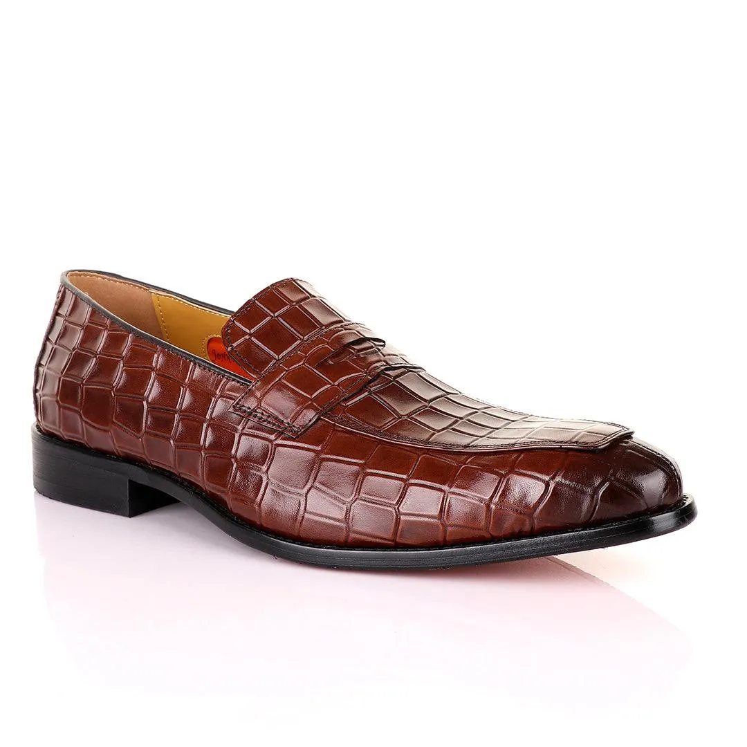 John Mendson Coffee Croc Bit Leather Loafers