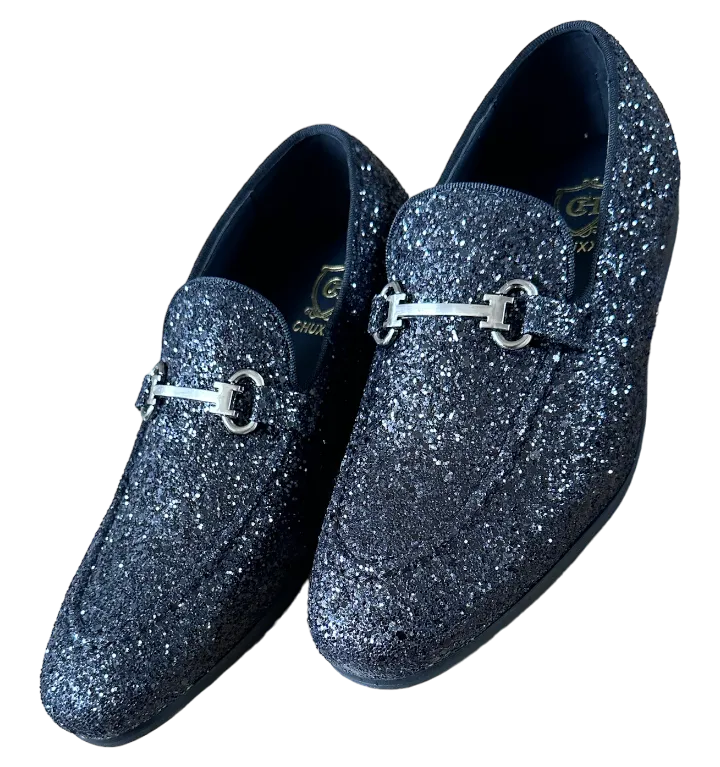 Trendy Glitter Men's Fashion Design Black Shoes Slip-On Sliver Buckle