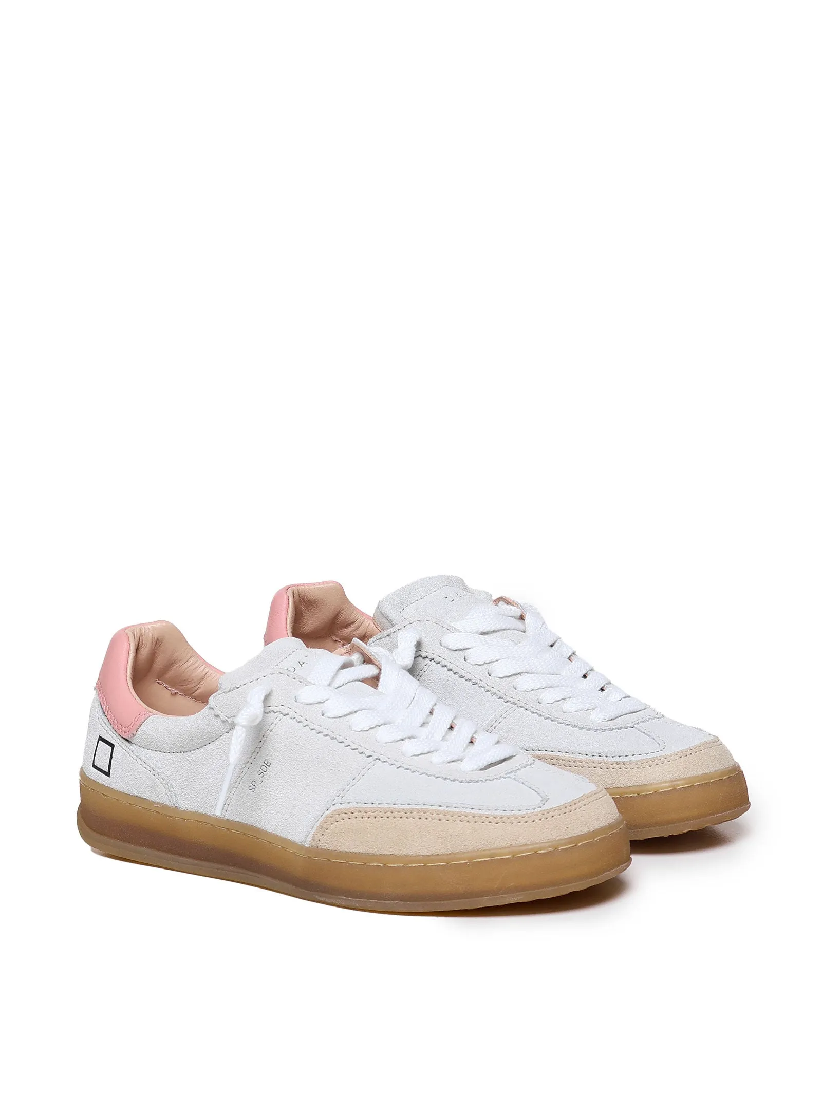 White and Pink Leather Lace-Up Sneakers